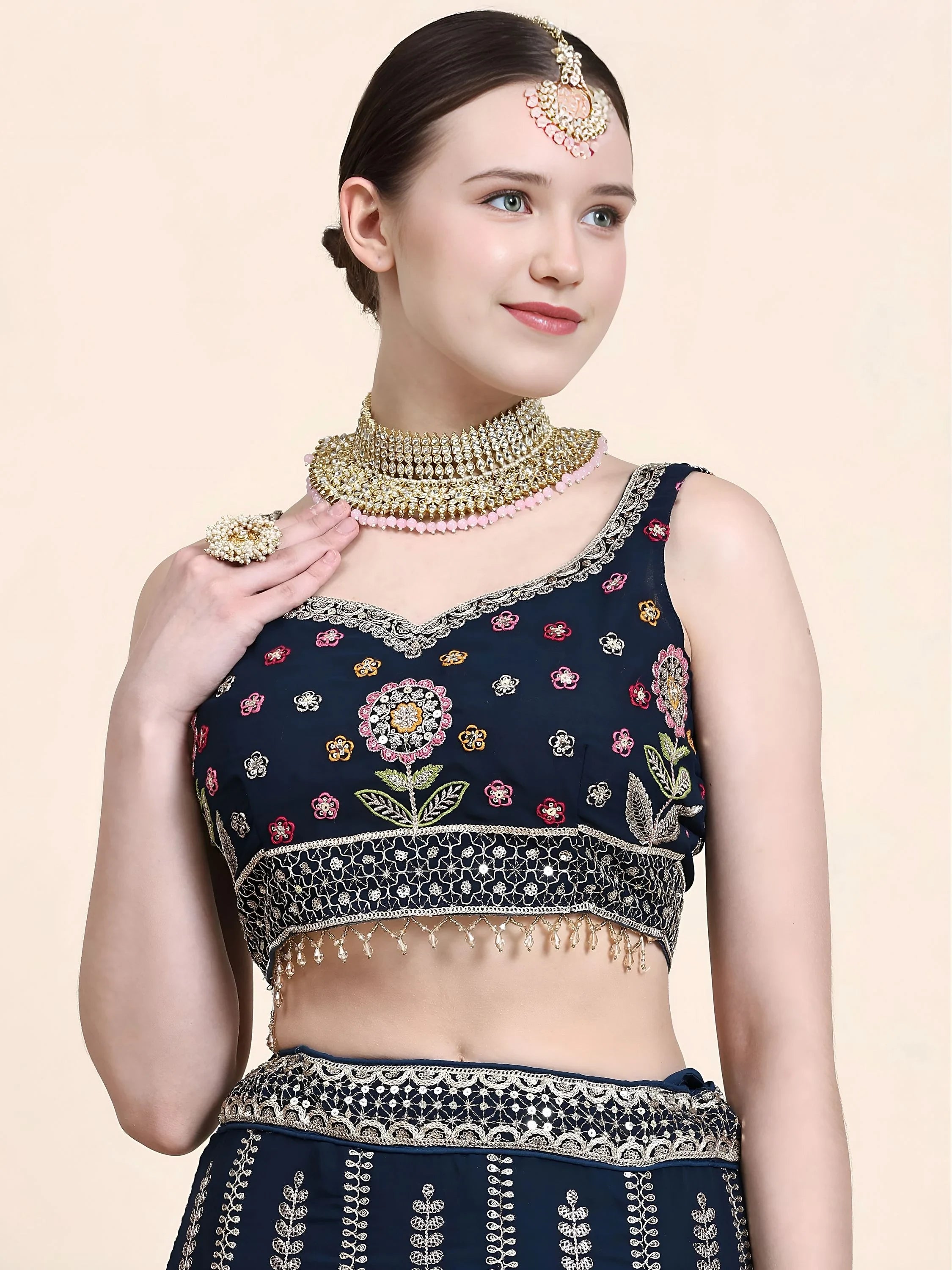 Outstanding Navy Blue Floral Embroidered Georgette Sangeet Wear Lehenga Choli