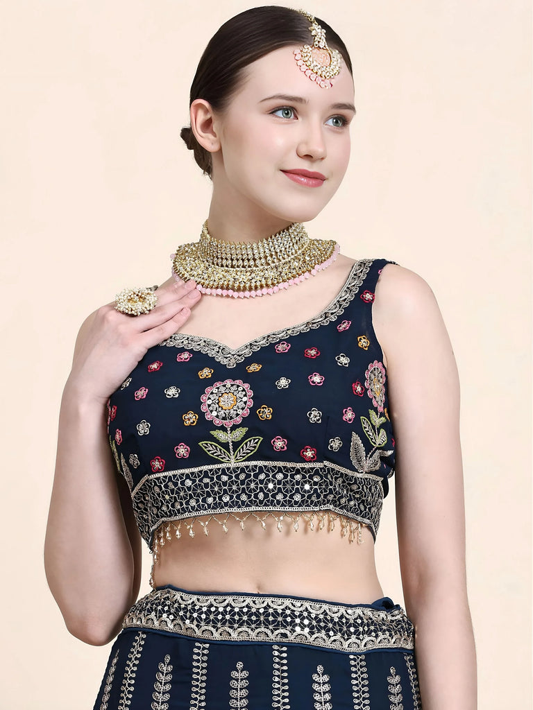 Outstanding Navy Blue Floral Embroidered Georgette Sangeet Wear Lehenga Choli
