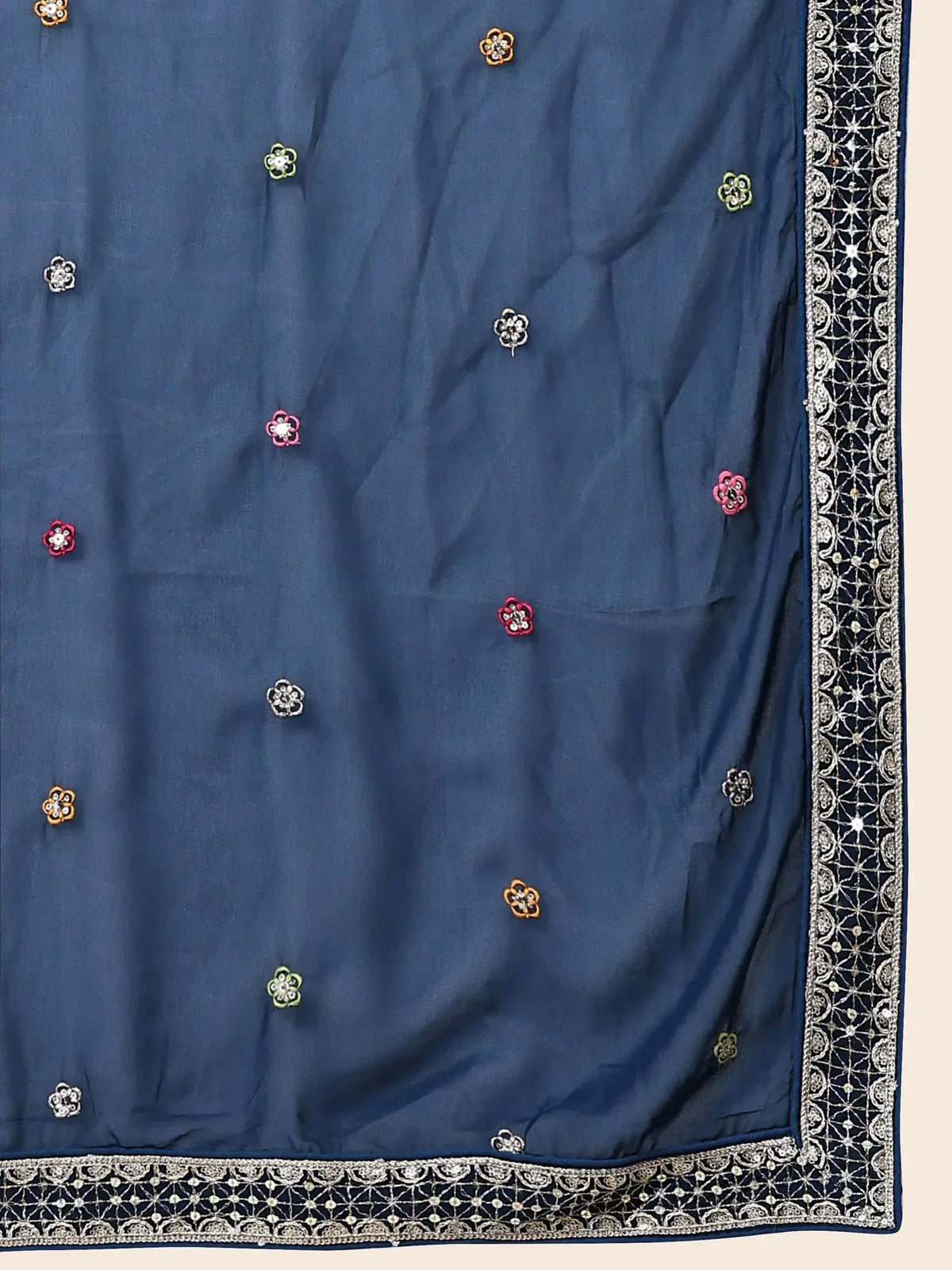 Navy blue ethnic dupatta with floral embroidery and intricate silver border detailing