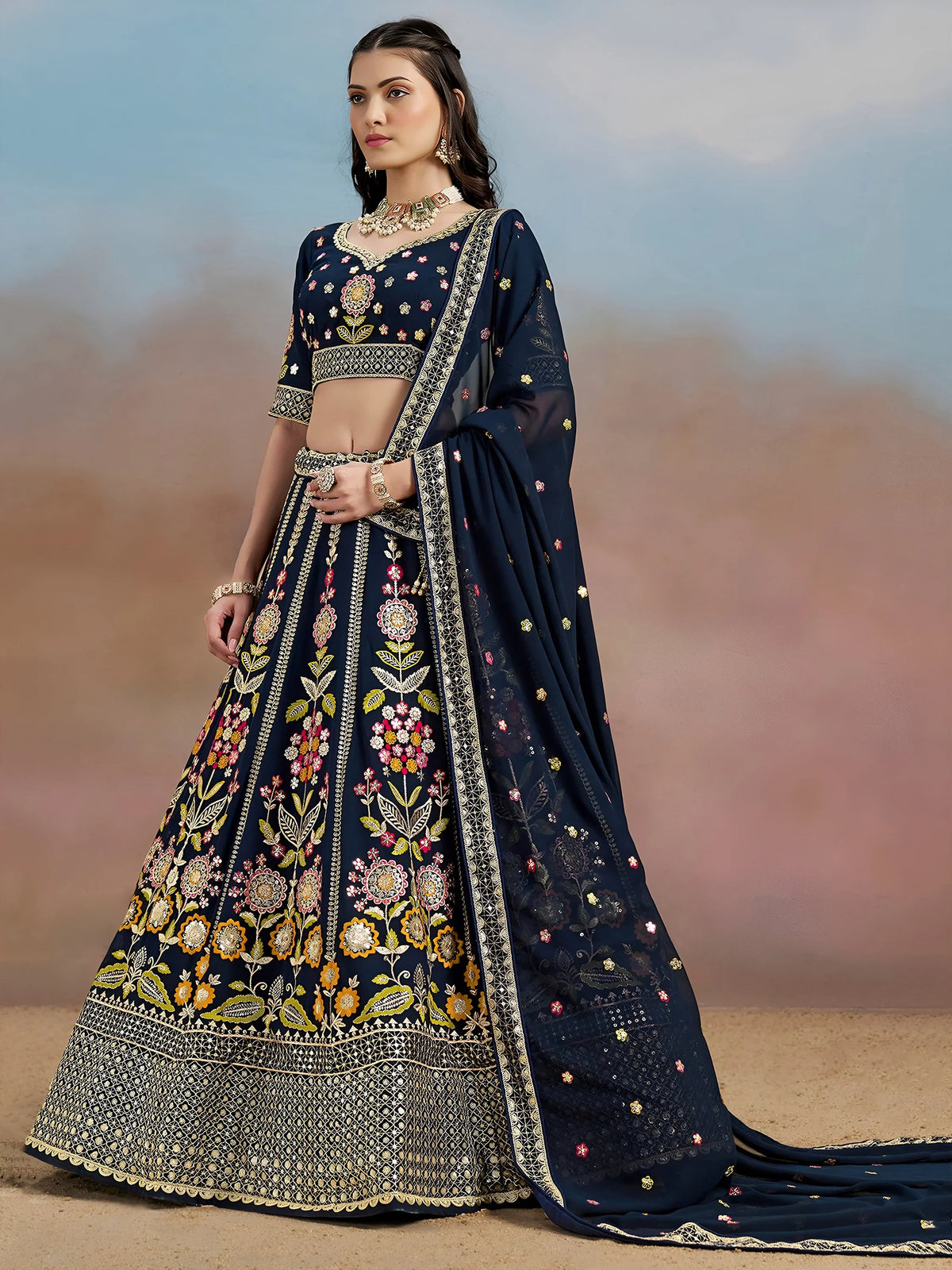 Fantastic Navy Blue Zari Work Georgette Wedding Wear Lehenga Choli