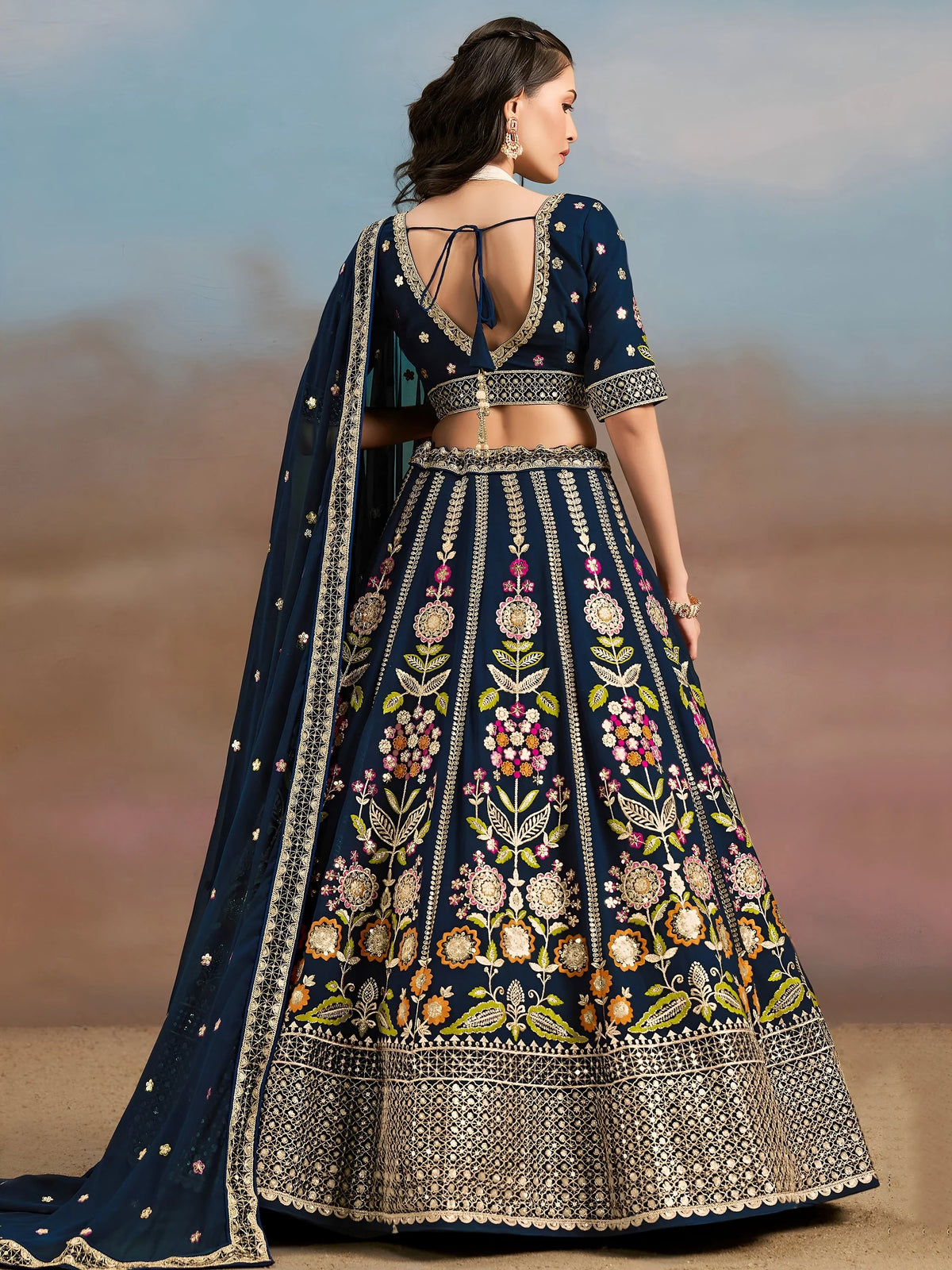 Fantastic Navy Blue Zari Work Georgette Wedding Wear Lehenga Choli