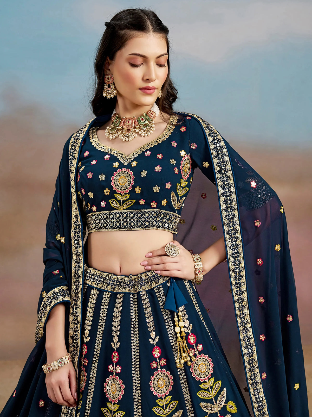 Fantastic Navy Blue Zari Work Georgette Wedding Wear Lehenga Choli