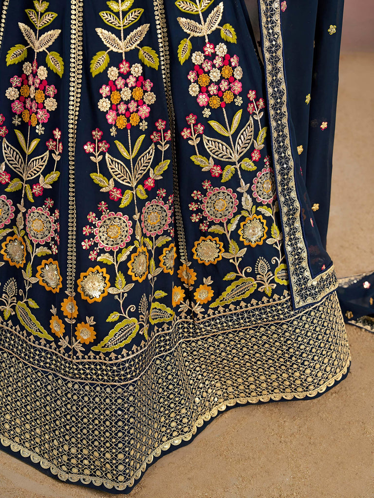 Fantastic Navy Blue Zari Work Georgette Wedding Wear Lehenga Choli