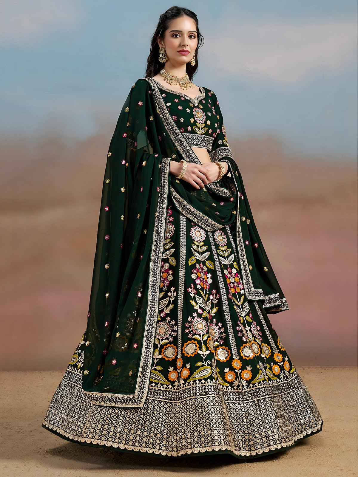 Amazing Green Sequins Georgette Mehendi Wear Lehenga Choli With Dupatta
