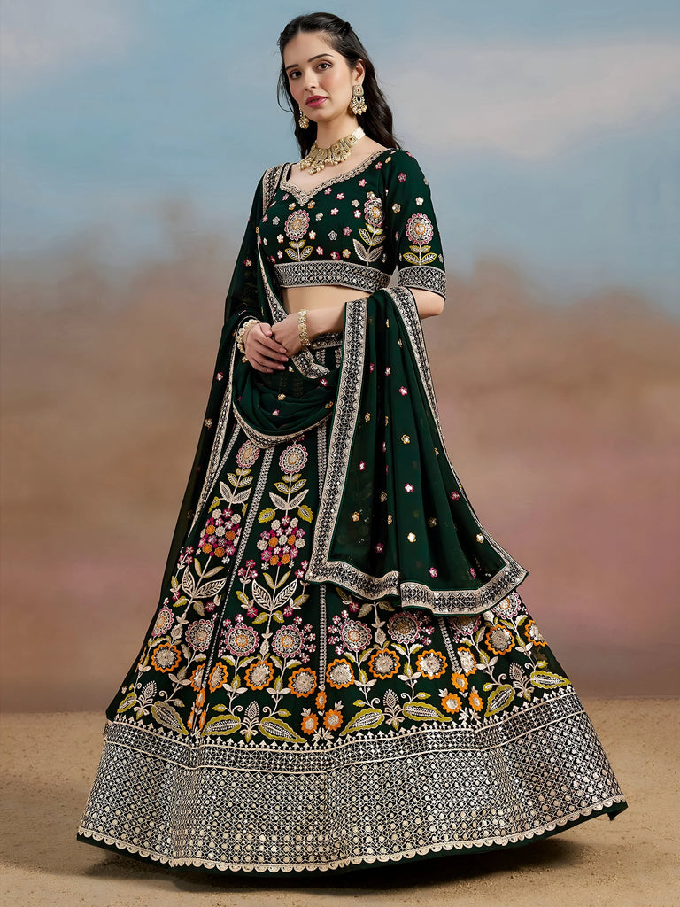 Amazing Green Sequins Georgette Mehendi Wear Lehenga Choli With Dupatta