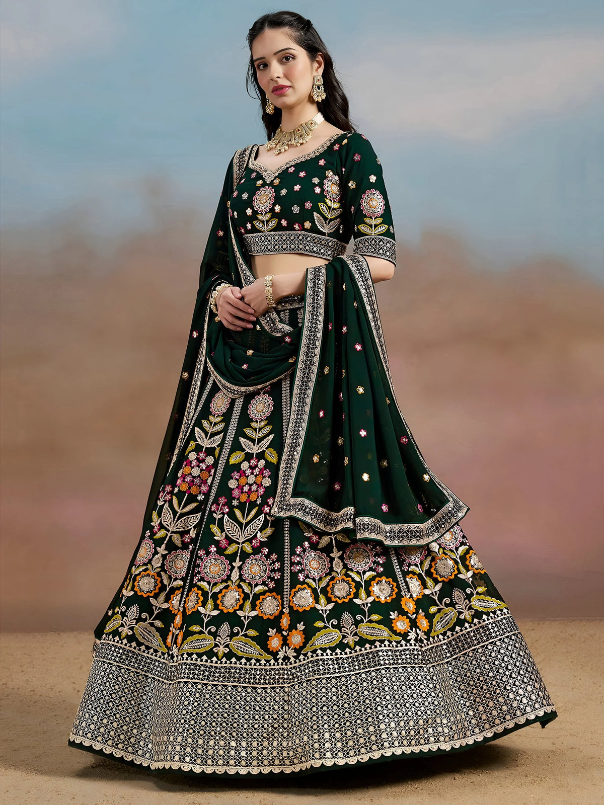 Amazing Green Sequins Georgette Mehendi Wear Lehenga Choli With Dupatta