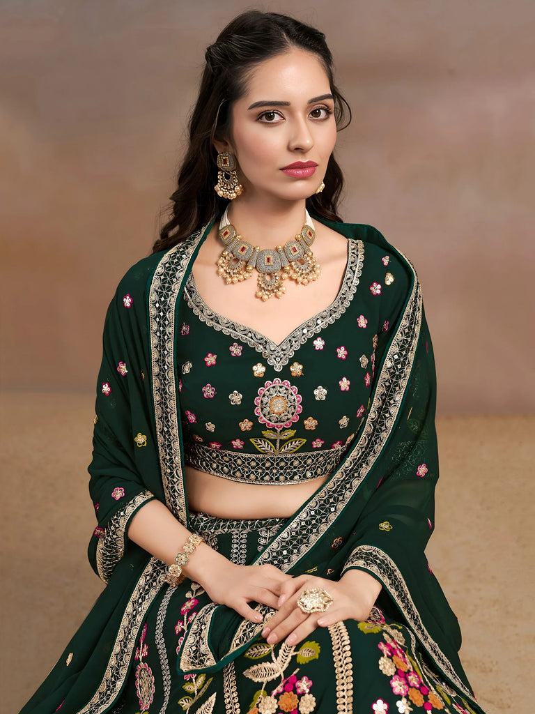 Amazing Green Sequins Georgette Mehendi Wear Lehenga Choli With Dupatta