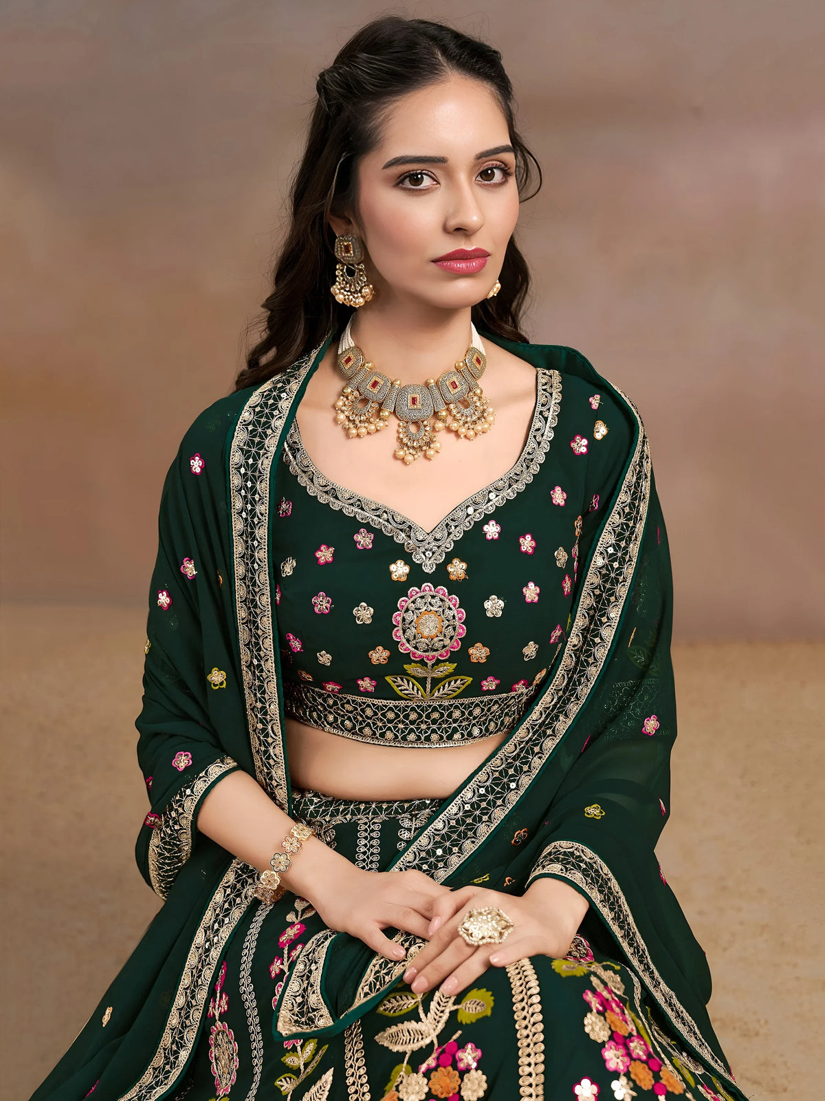 Amazing Green Sequins Georgette Mehendi Wear Lehenga Choli With Dupatta