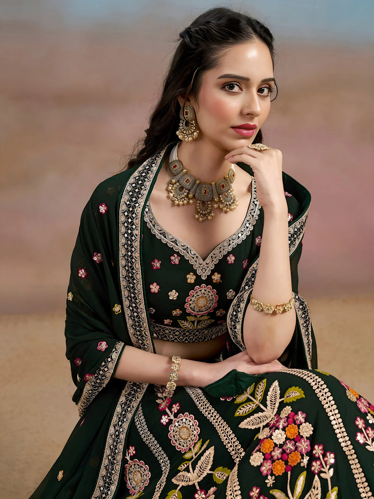 Amazing Green Sequins Georgette Mehendi Wear Lehenga Choli With Dupatta
