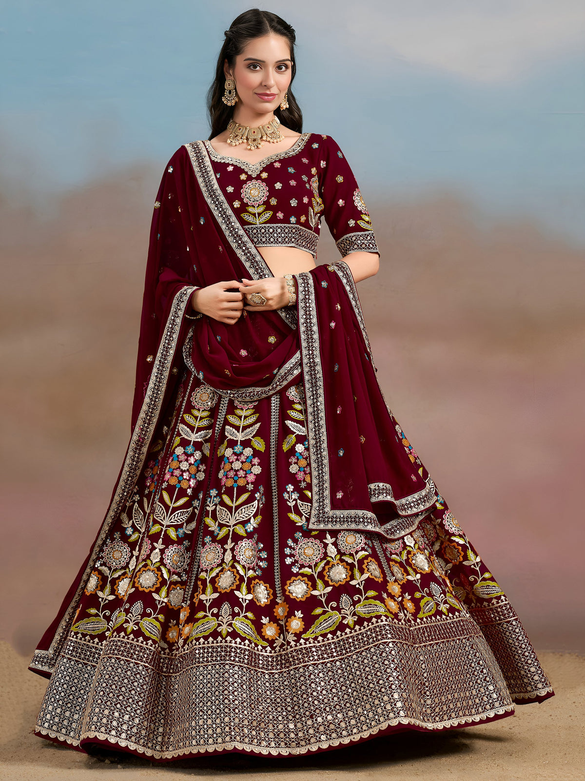 Phenomenal Maroon Sequins Georgette Reception Wear Lehenga Choli