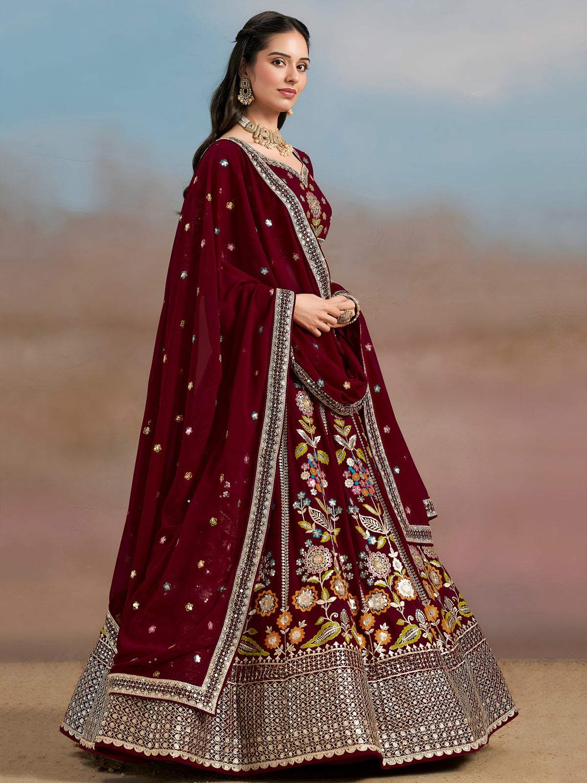 Phenomenal Maroon Sequins Georgette Reception Wear Lehenga Choli