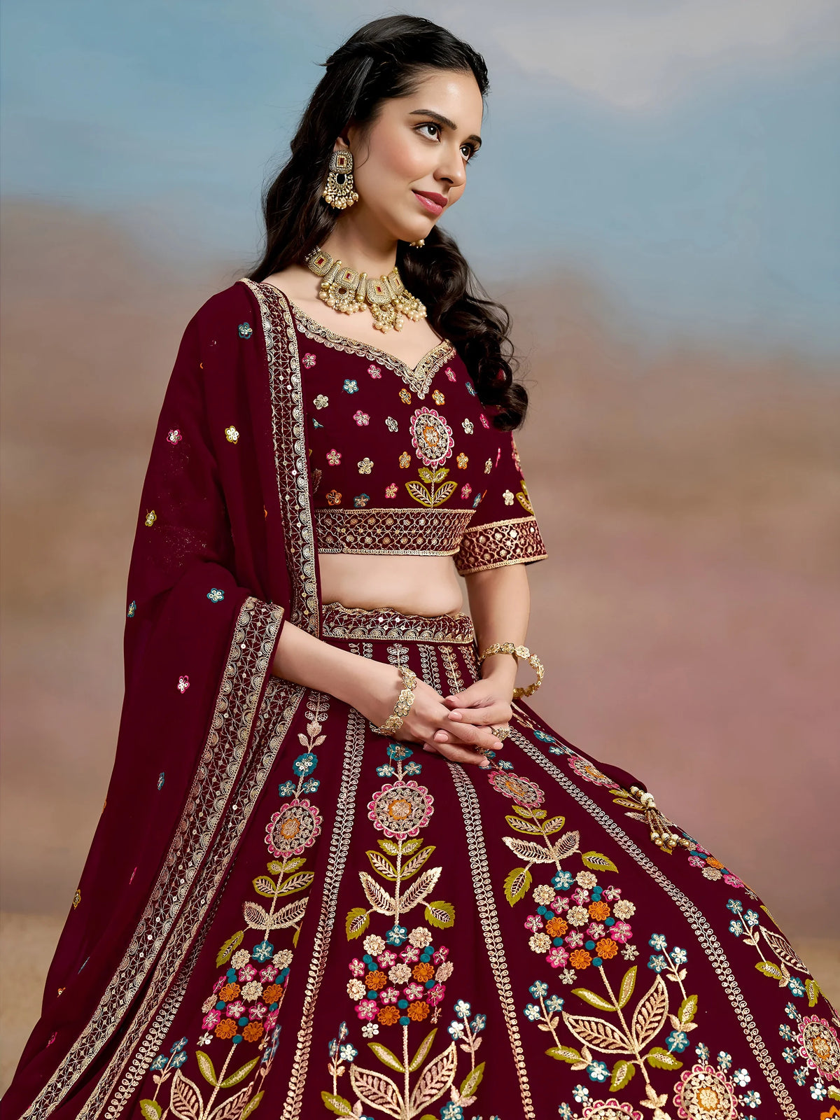 Phenomenal Maroon Sequins Georgette Reception Wear Lehenga Choli