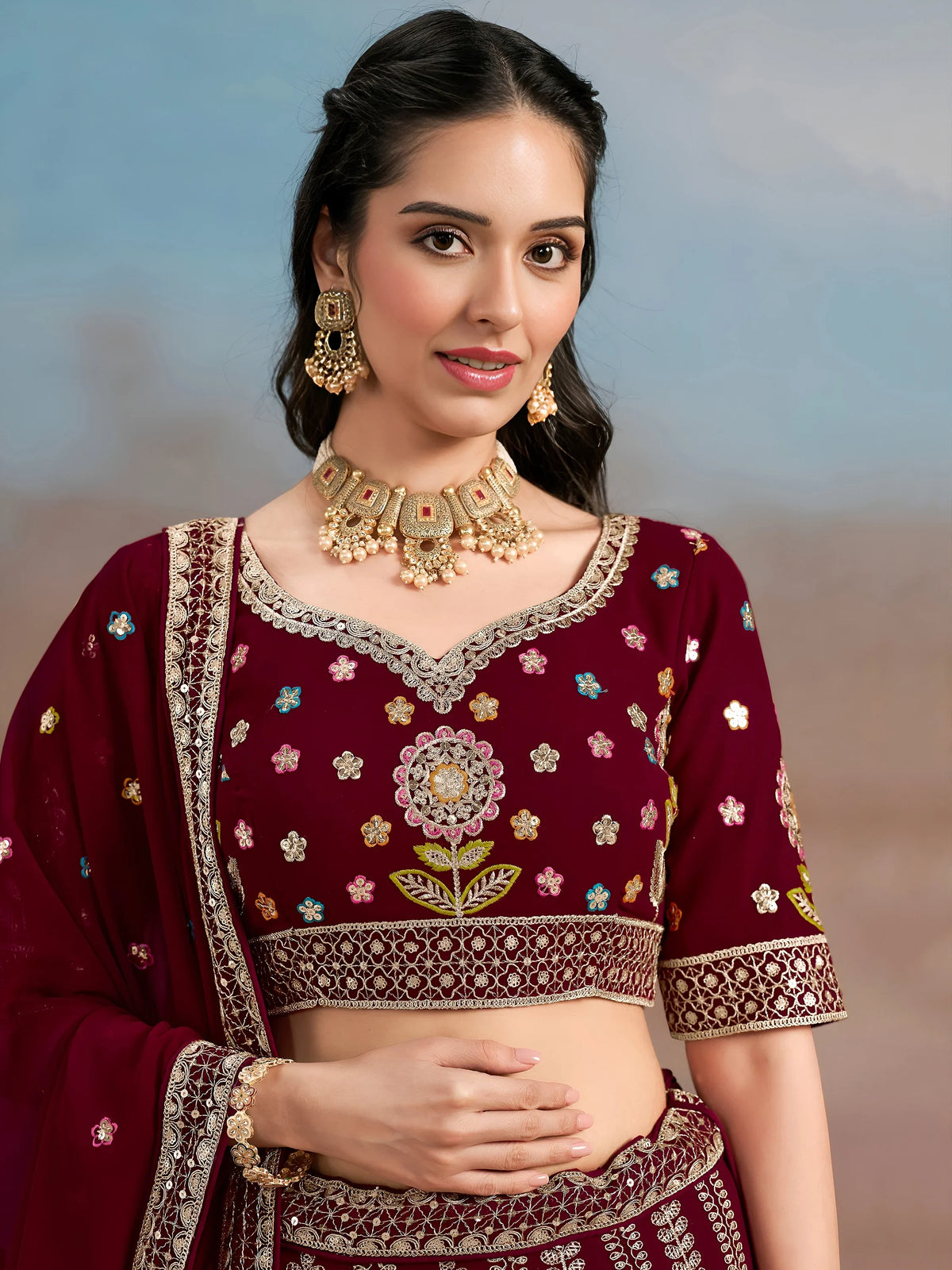 Phenomenal Maroon Sequins Georgette Reception Wear Lehenga Choli