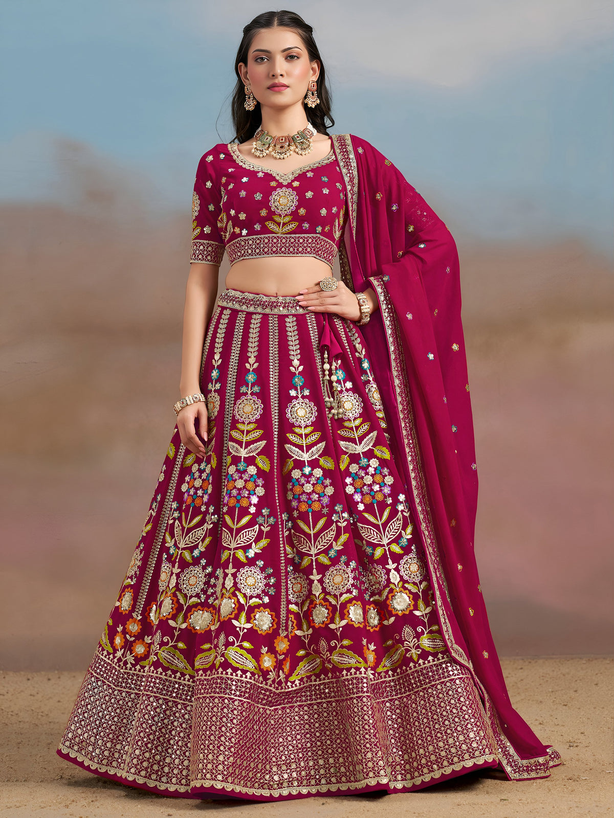 Stunning Pink Thread Work Georgette Engagement Wear Lehenga With Blouse