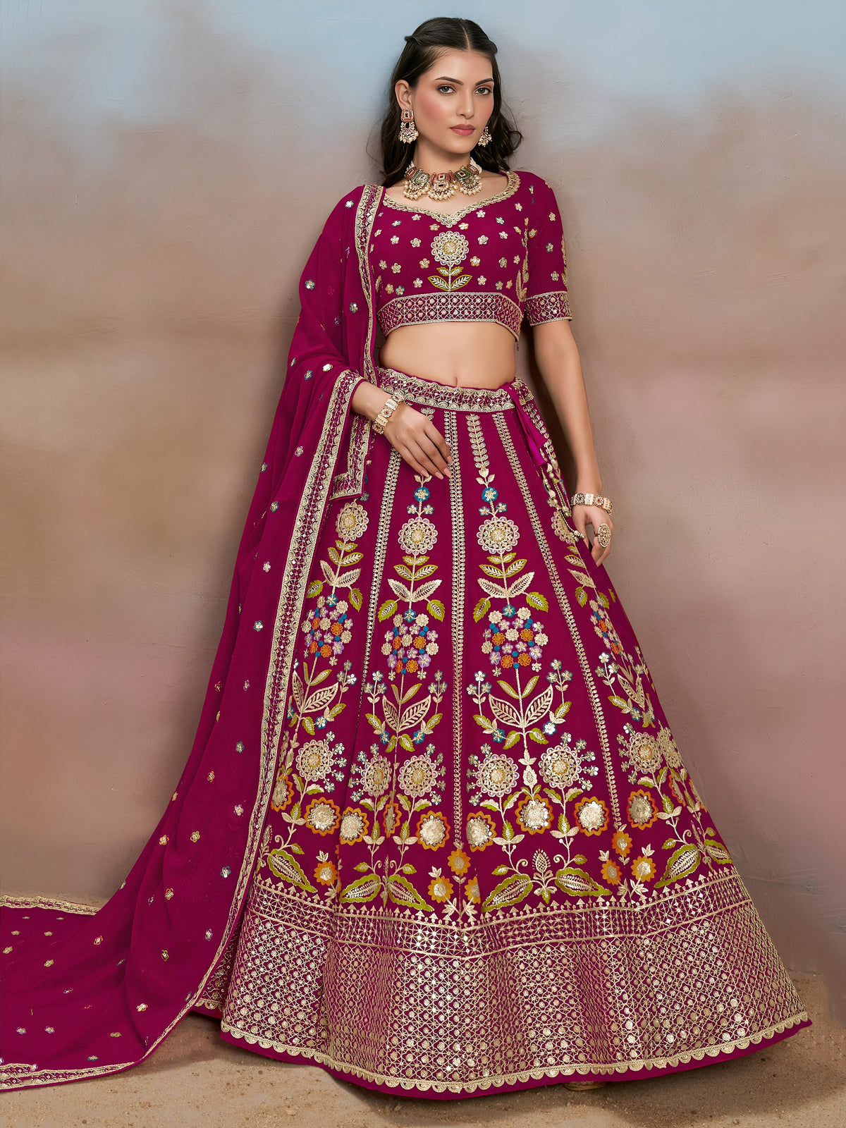 Stunning Pink Thread Work Georgette Engagement Wear Lehenga With Blouse