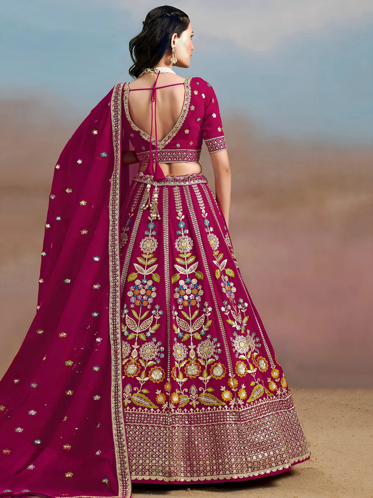 Stunning Pink Thread Work Georgette Engagement Wear Lehenga With Blouse