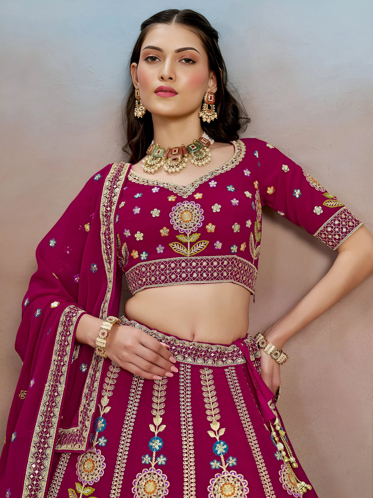 Stunning Pink Thread Work Georgette Engagement Wear Lehenga With Blouse