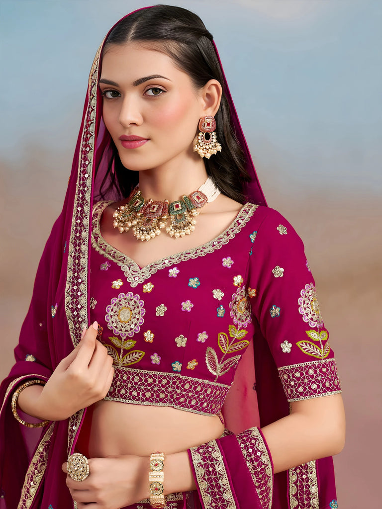 Stunning Pink Thread Work Georgette Engagement Wear Lehenga With Blouse