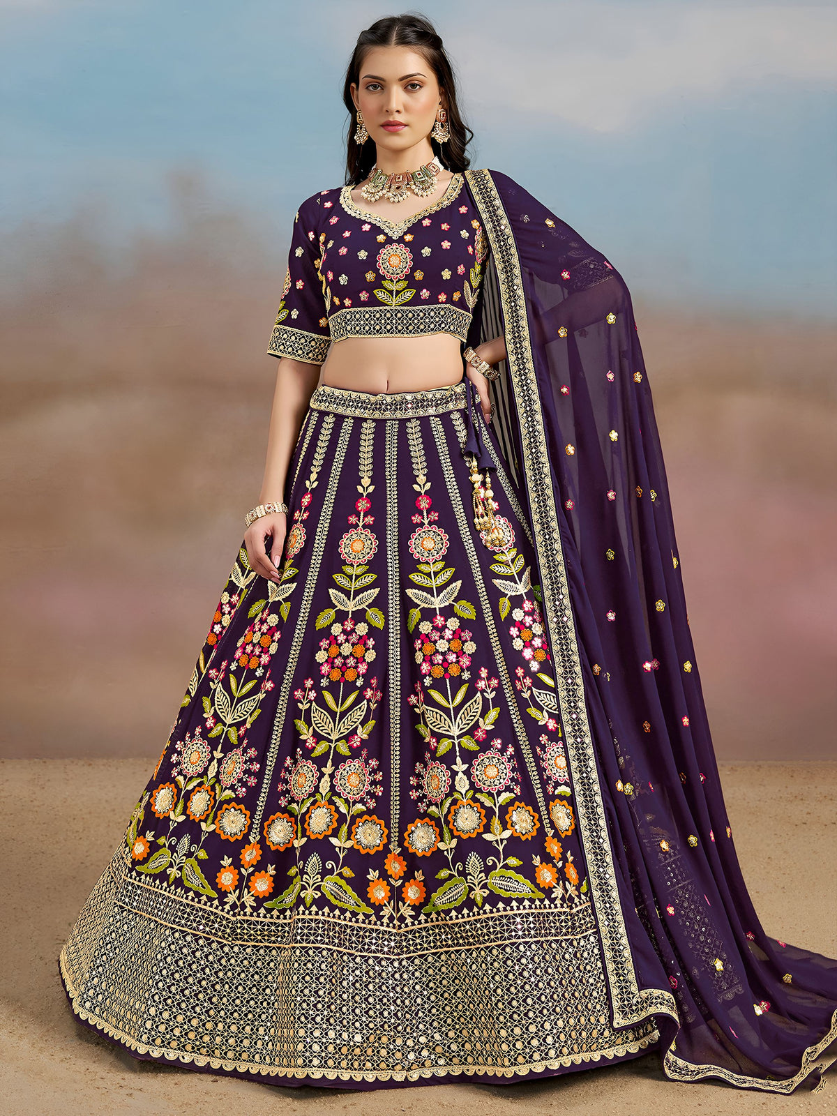 Outstanding Purple Floral Embroidery Georgette Bridesmaid Lehenga Choli