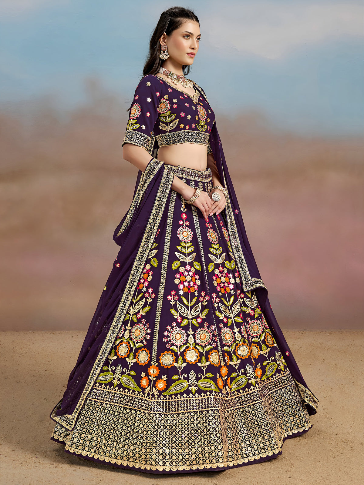 Outstanding Purple Floral Embroidery Georgette Bridesmaid Lehenga Choli