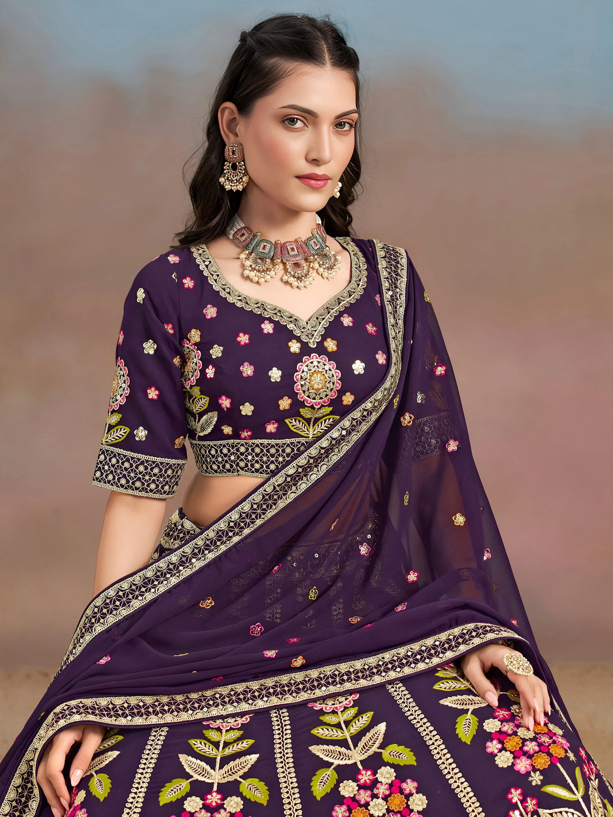 Outstanding Purple Floral Embroidery Georgette Bridesmaid Lehenga Choli