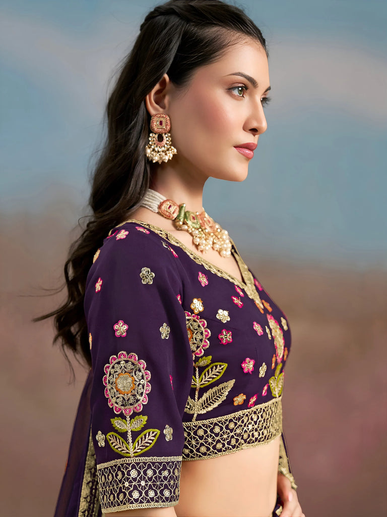Outstanding Purple Floral Embroidery Georgette Bridesmaid Lehenga Choli