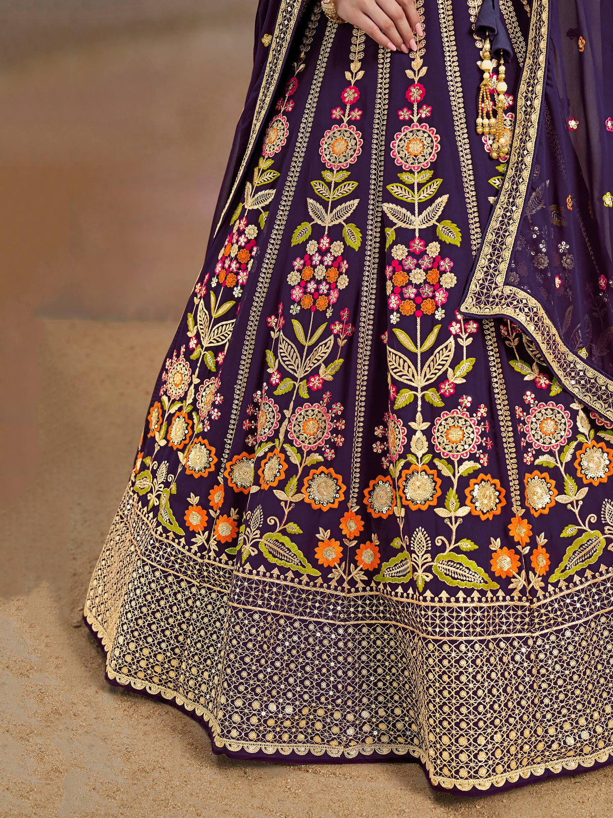 Outstanding Purple Floral Embroidery Georgette Bridesmaid Lehenga Choli