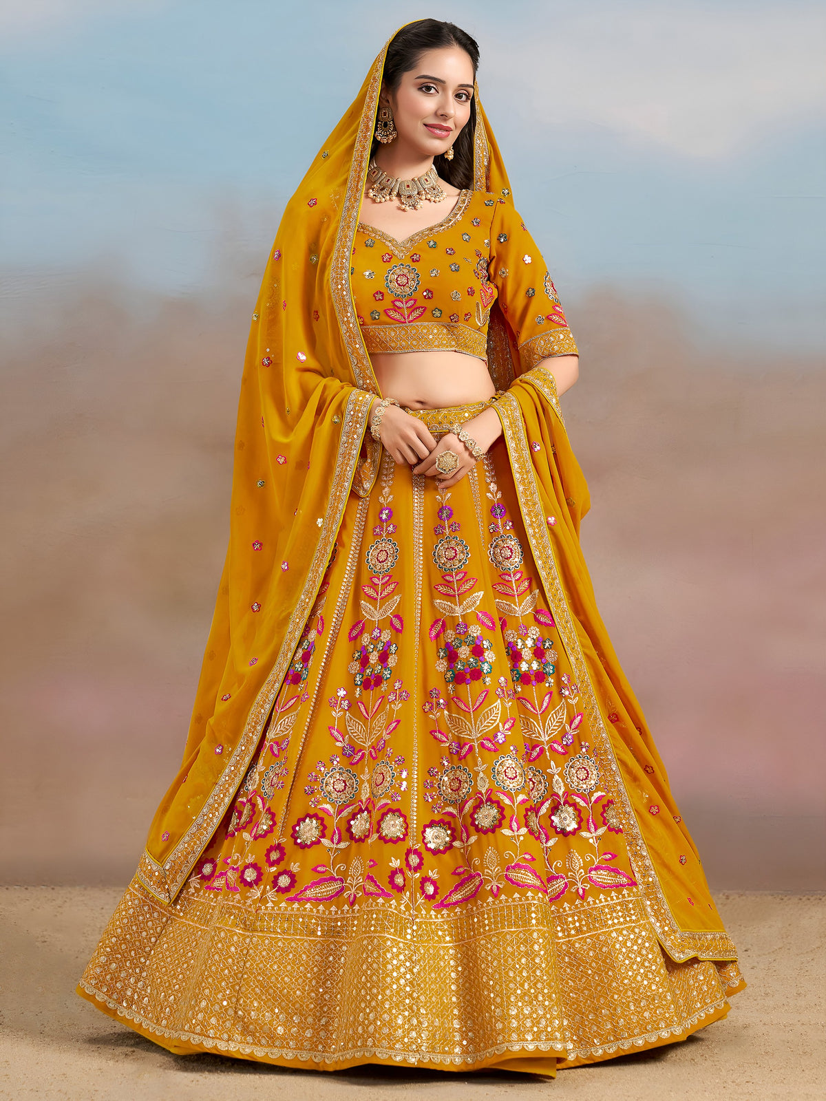 Elegant Yellow Zari Work Georgette Haldi Wear Lehenga Choli With Dupatta
