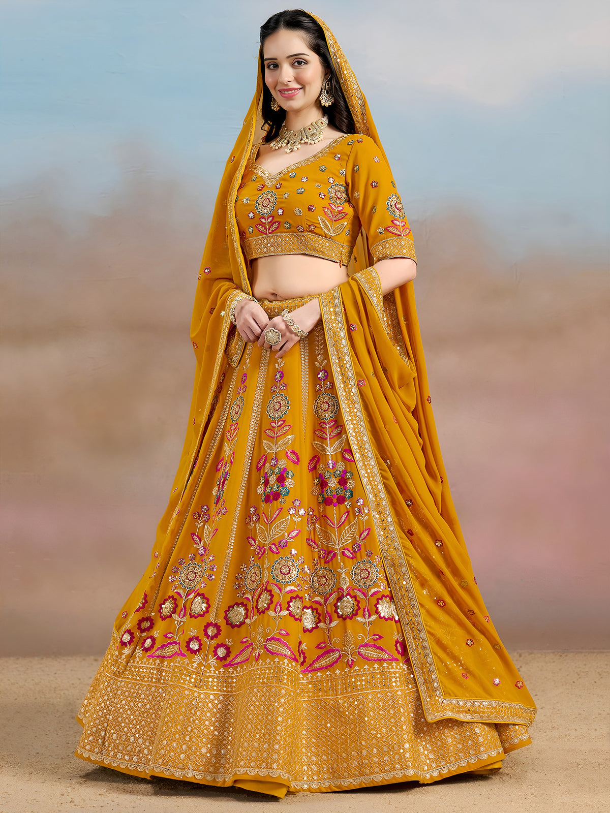 Elegant Yellow Zari Work Georgette Haldi Wear Lehenga Choli With Dupatta
