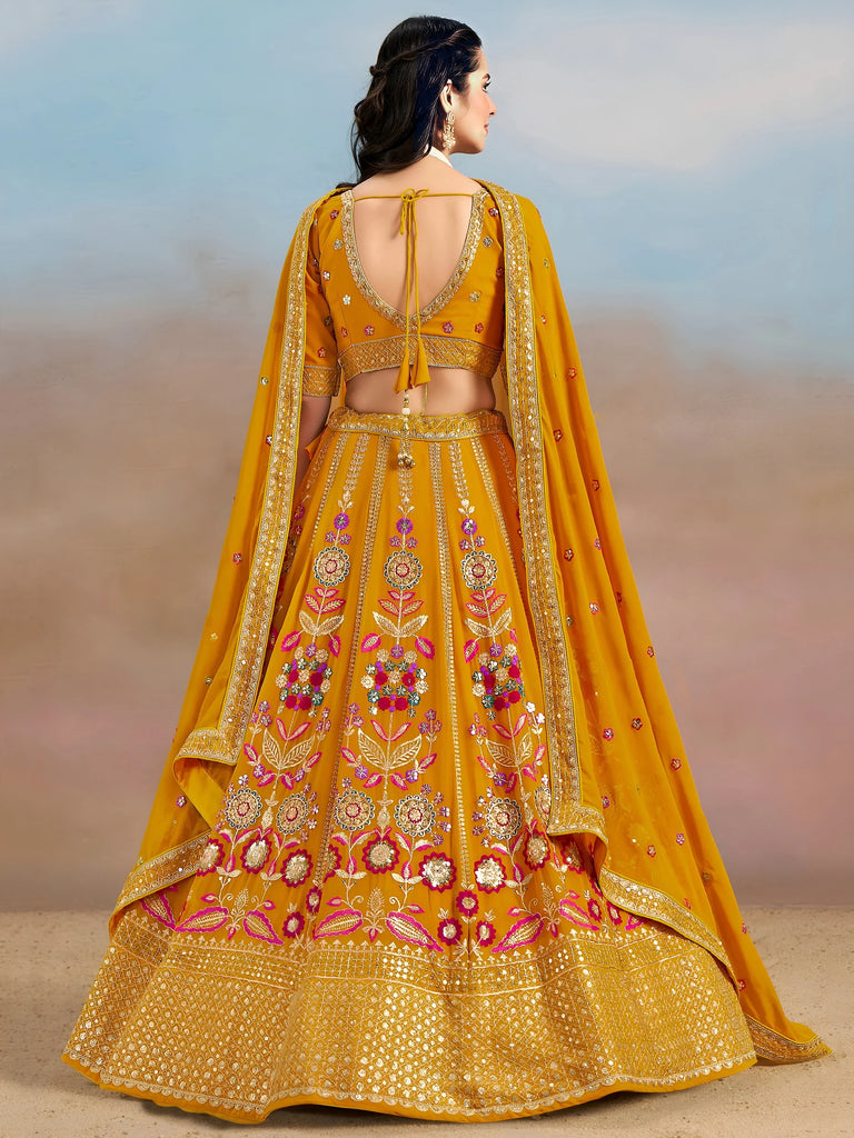 Elegant Yellow Zari Work Georgette Haldi Wear Lehenga Choli With Dupatta