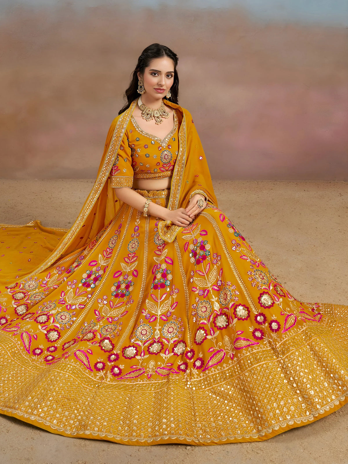 Elegant Yellow Zari Work Georgette Haldi Wear Lehenga Choli With Dupatta