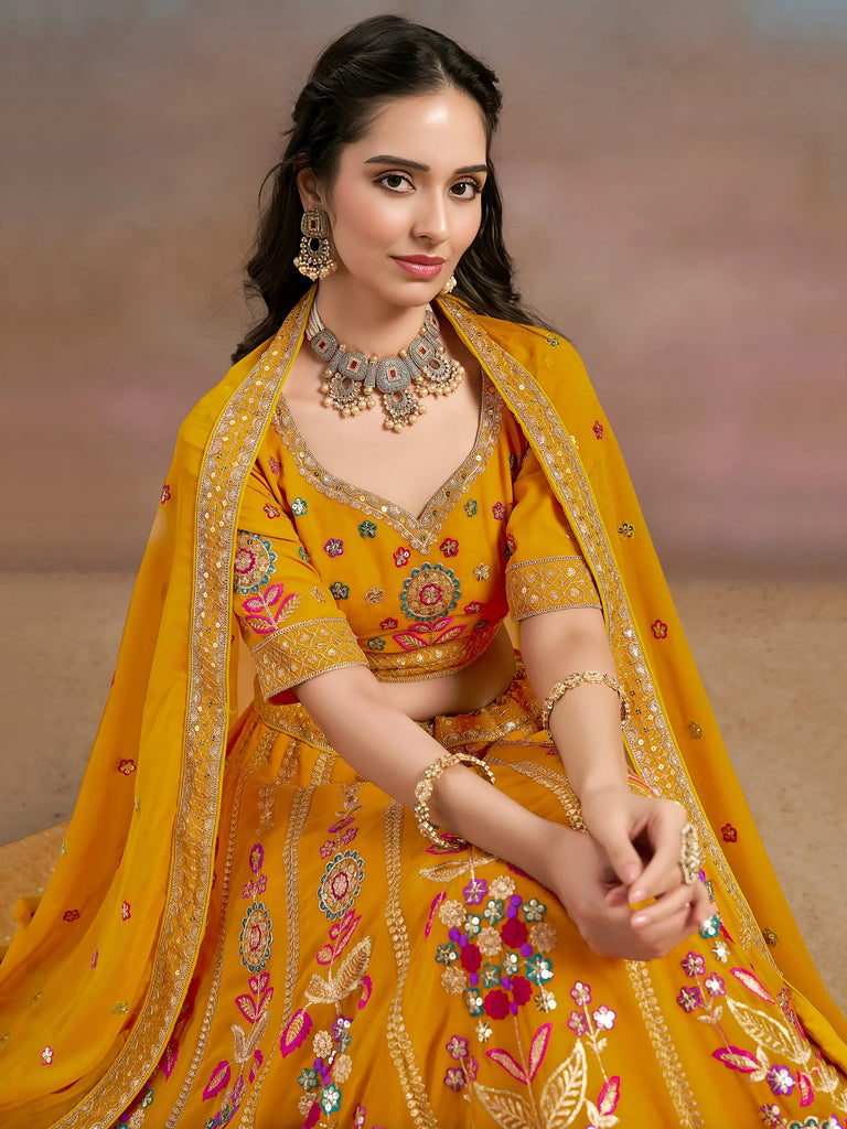 Elegant Yellow Zari Work Georgette Haldi Wear Lehenga Choli With Dupatta