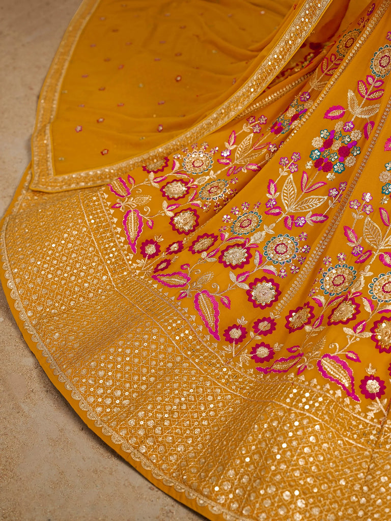 Elegant Yellow Zari Work Georgette Haldi Wear Lehenga Choli With Dupatta