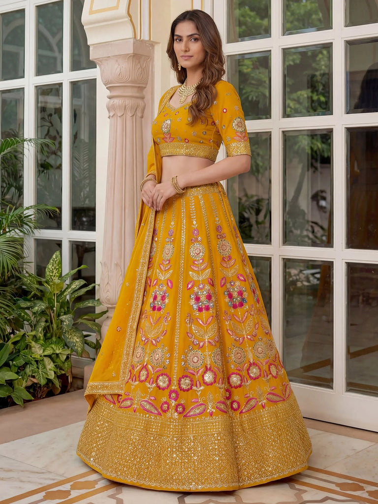 Alluring Yellow Sequins Georgette Wedding Wear Lehenga Choli