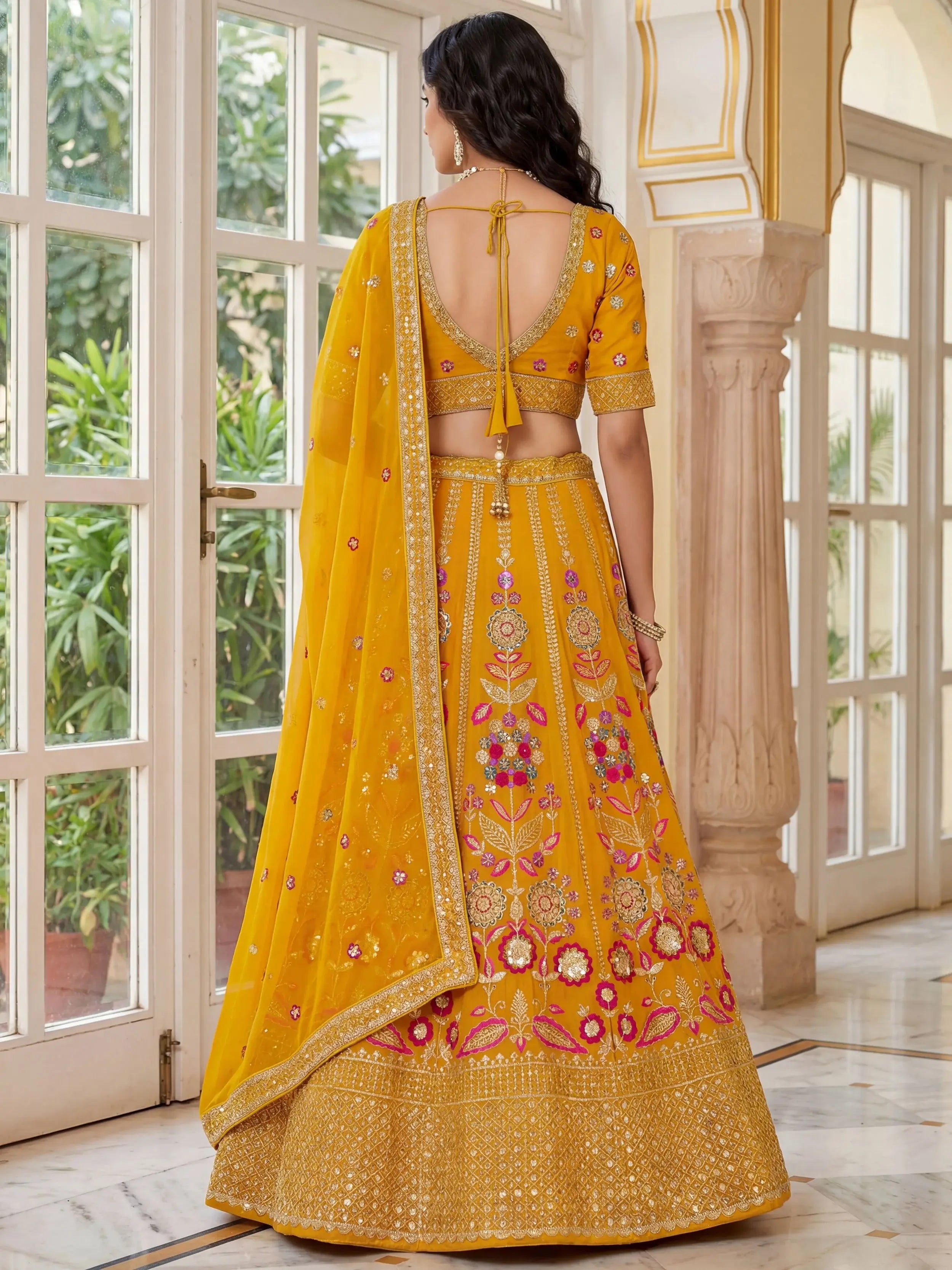 Alluring Yellow Sequins Georgette Wedding Wear Lehenga Choli