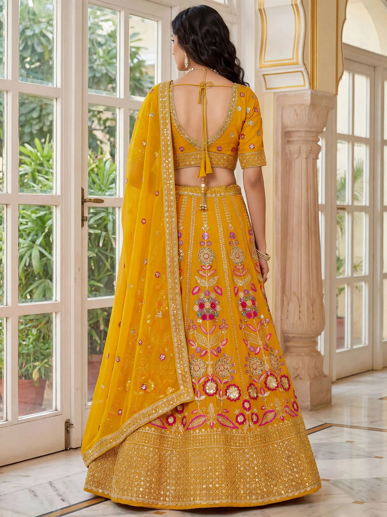 Alluring Yellow Sequins Georgette Wedding Wear Lehenga Choli