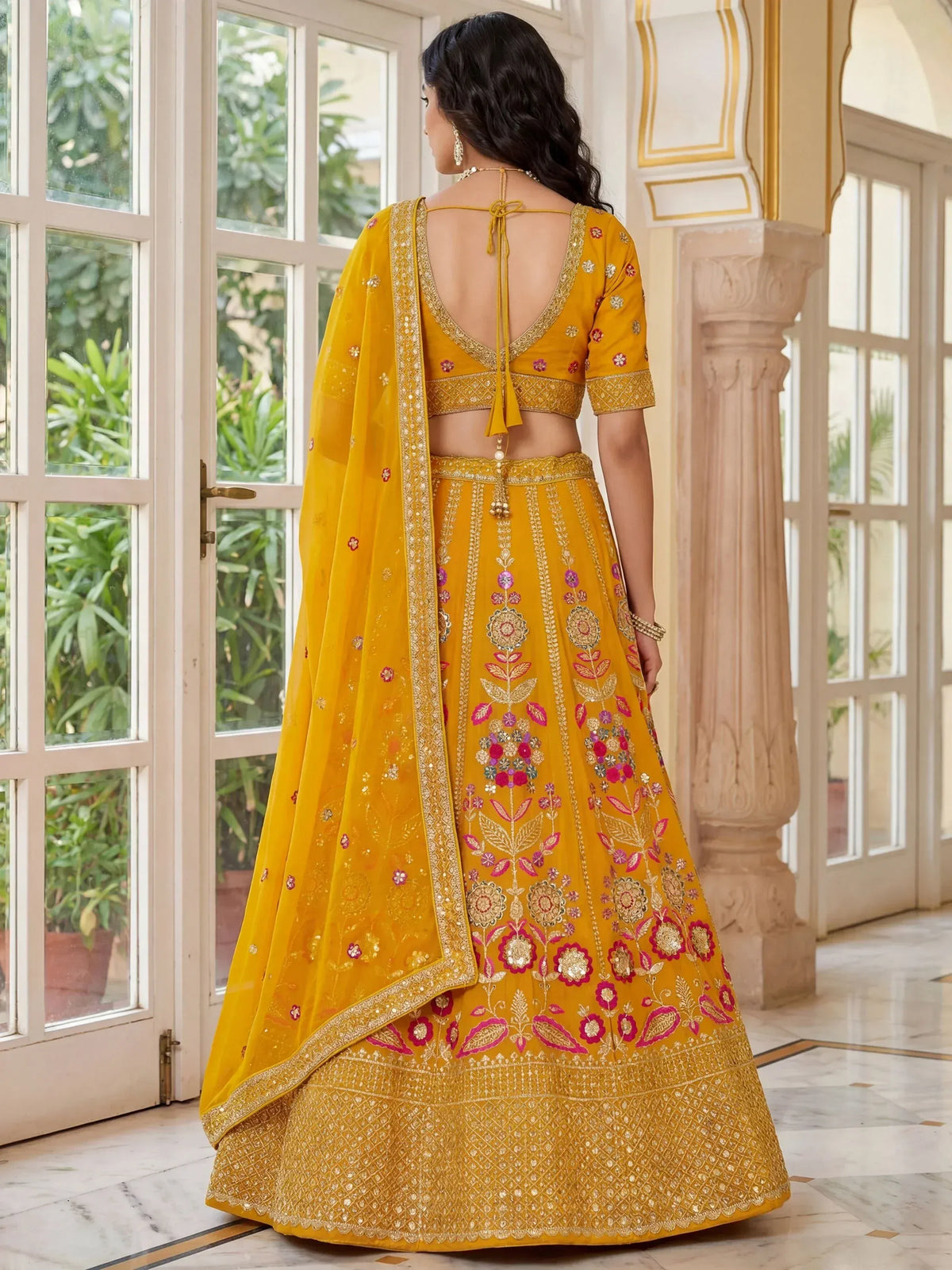 Yellow floral embroidered lehenga choli with back tie blouse and dupatta, Indian ethnic wear