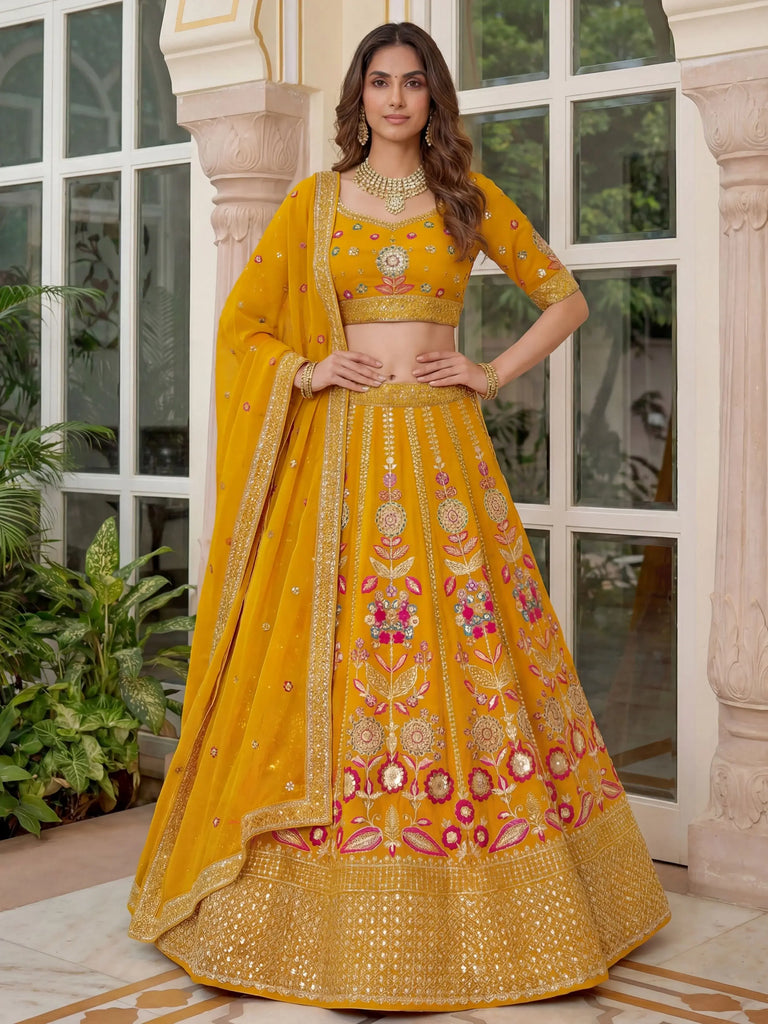 Alluring Yellow Sequins Georgette Wedding Wear Lehenga Choli