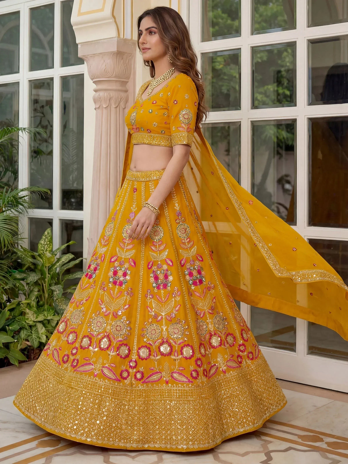 Yellow floral embroidered lehenga choli with dupatta, Indian ethnic wear for weddings and festivals
