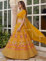 Alluring Yellow Sequins Georgette Wedding Wear Lehenga Choli