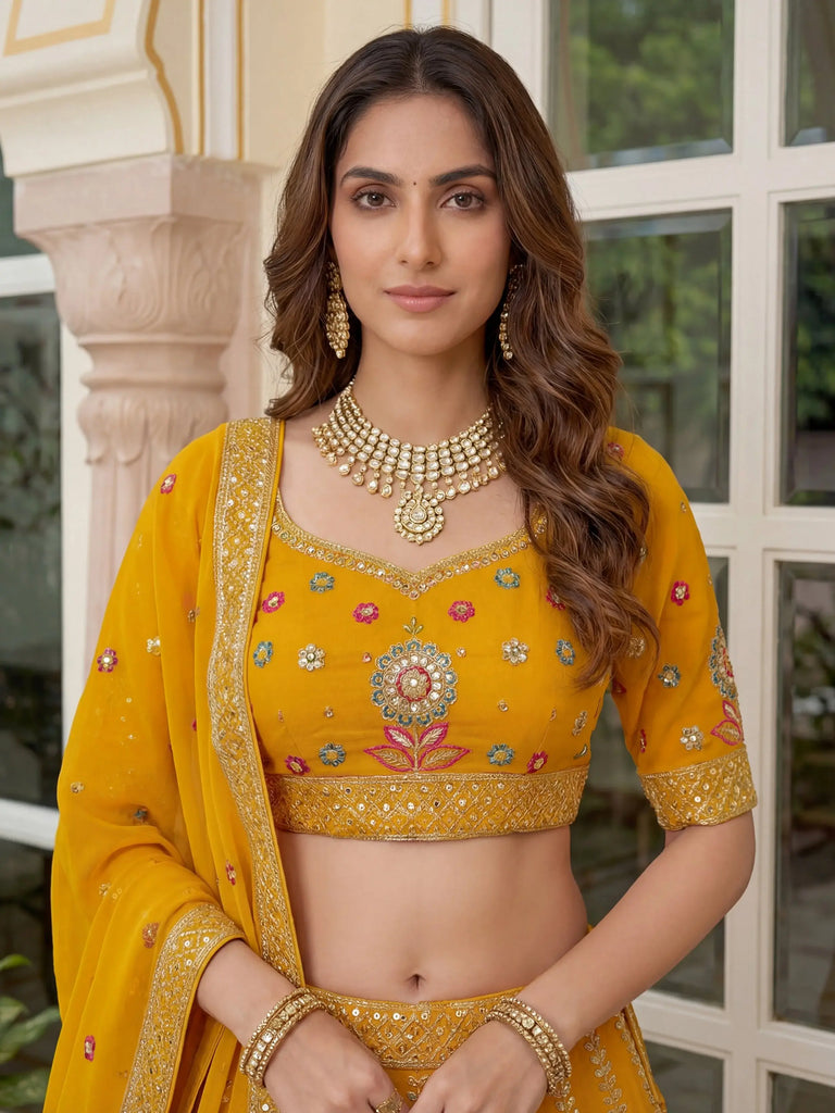 Alluring Yellow Sequins Georgette Wedding Wear Lehenga Choli