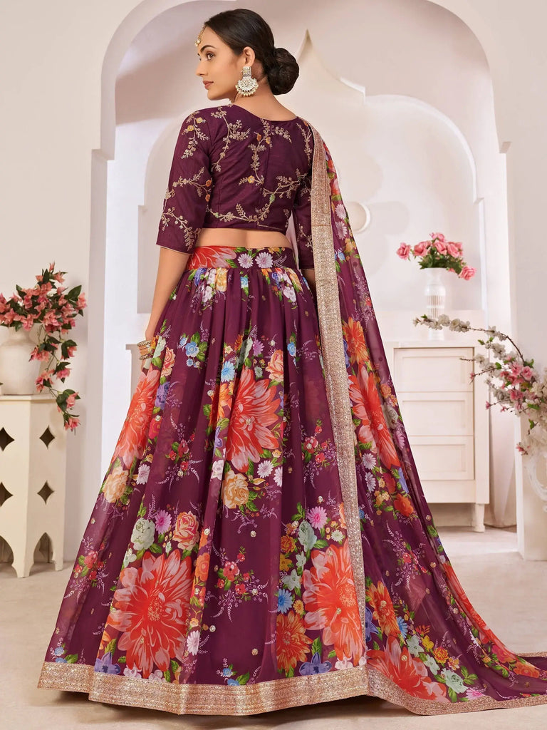 Wonderful Wine Digital Printed Georgette Wedding Wear Lehenga Choli