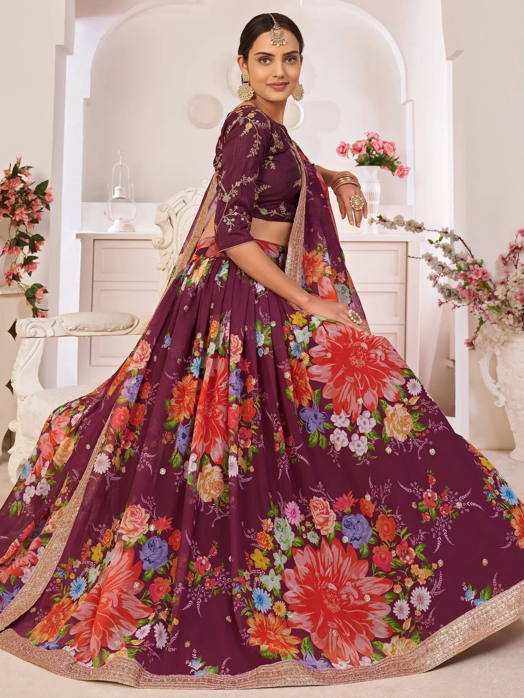 Purple floral lehenga choli with gold embroidery, perfect for Indian ethnic wear and festive occasions