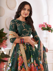 Impressive Green Digital Printed Georgette Wedding Wear Lehenga Choli