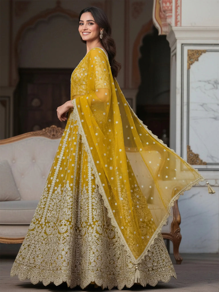 Incredible Yellow Zari Work Soft Net Bridesmaid Lehenga Choli