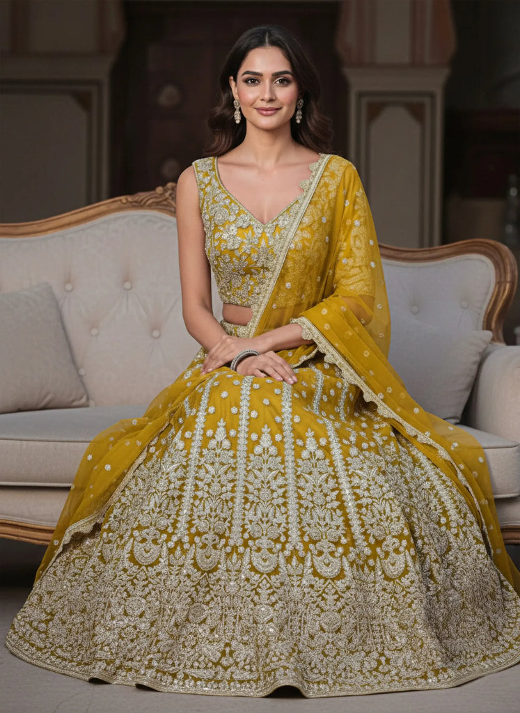 Incredible Yellow Zari Work Soft Net Bridesmaid Lehenga Choli