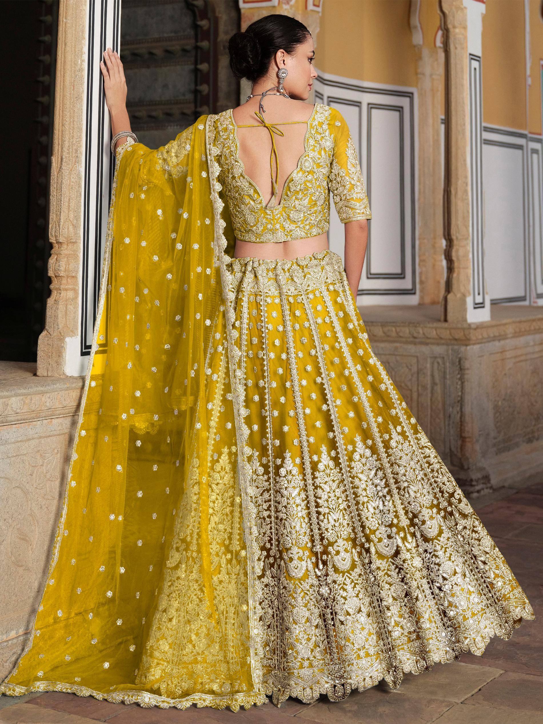 Yellow embroidered lehenga choli with dupatta, Indian ethnic wear for weddings and events