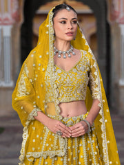 Mesmerizing Yellow Sequins Net Bridesmaid Lehenga Choli With Dupatta