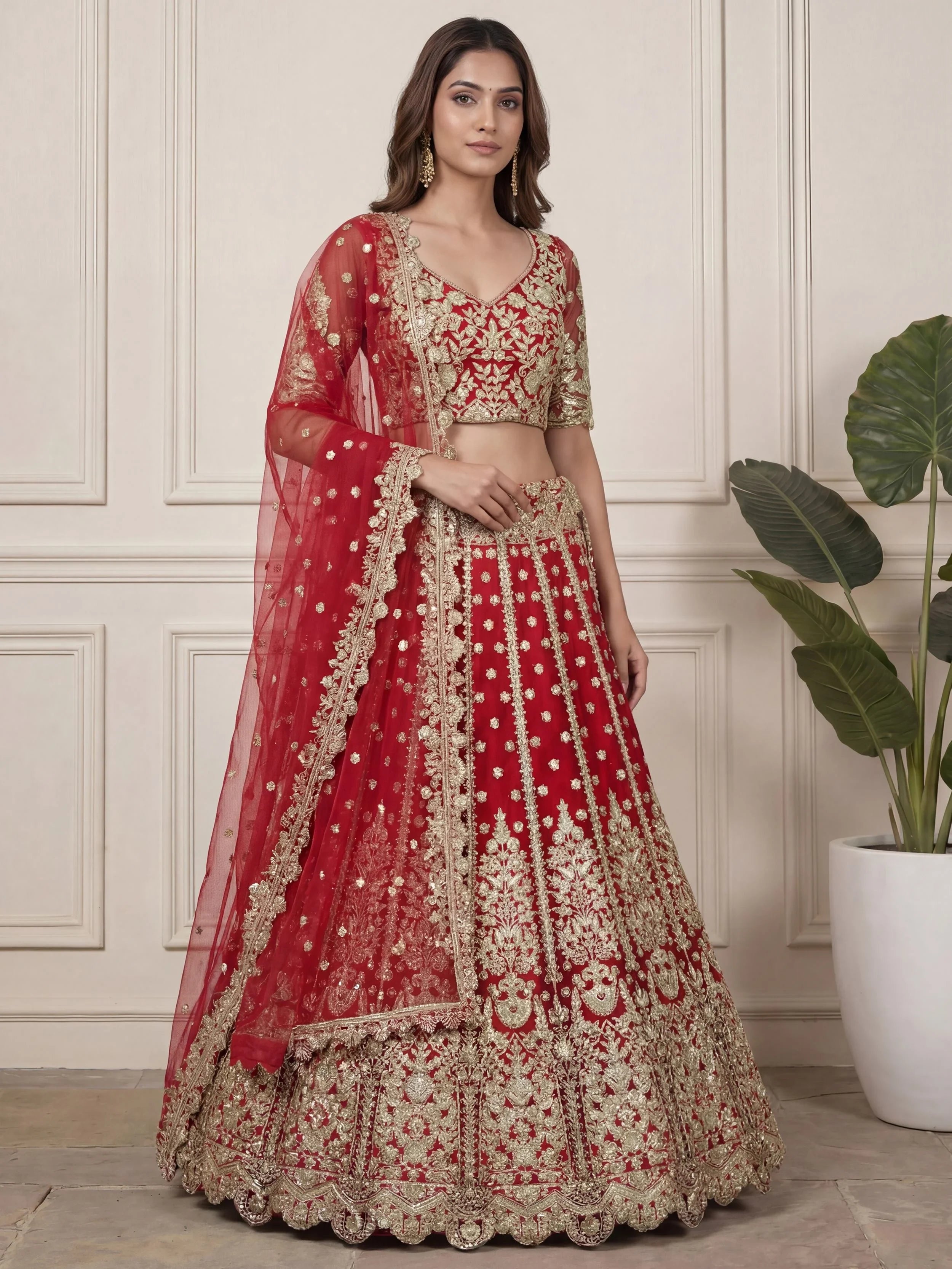 Outstanding Red Zari Embroidered Net Wedding Wear Lehenga Choli