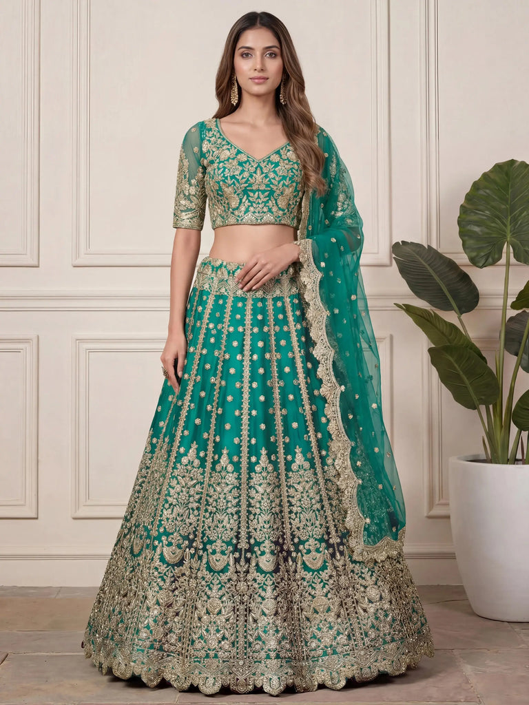Beautiful Green Embroidered Soft Net Wedding Wear Lehenga Choli